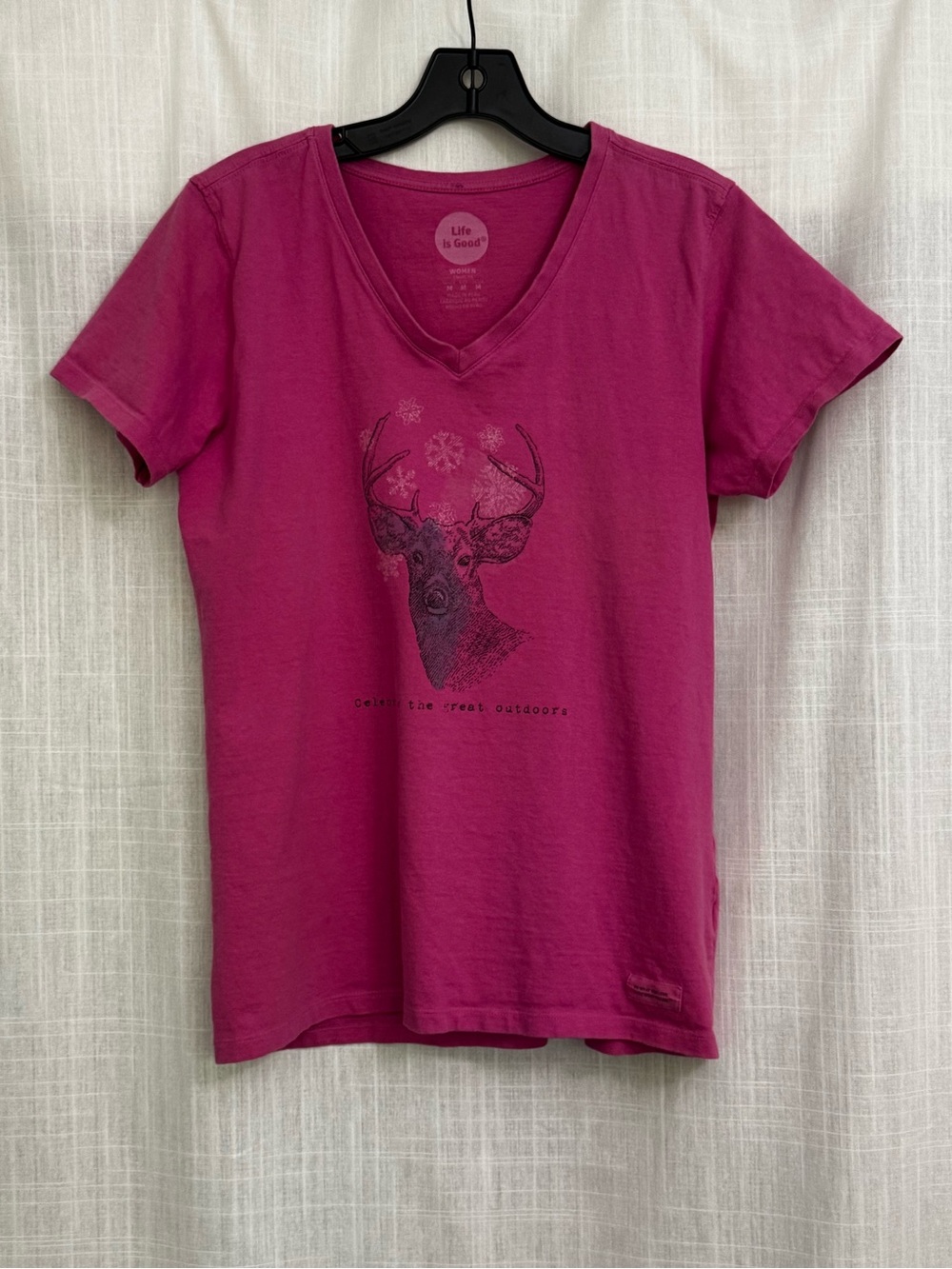 Life is Good Pink Women's V-Neck Tee with Deer Graphic Size M